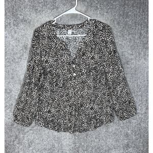 Old Navy Open Neck Top‎ Womens Size Large Brown Animal Print Long Sleeve Popover